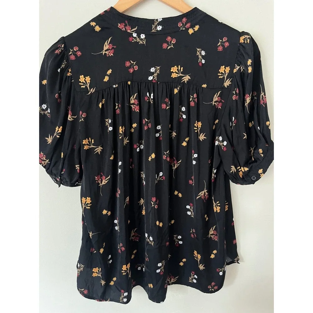 Banana Republic Womens Small Black Floral Puff Sleeve Button Front Blouse Top